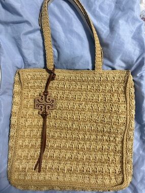 Tory Burch Woven Straw Tote in Natural Tan with Brown Leather Tassel